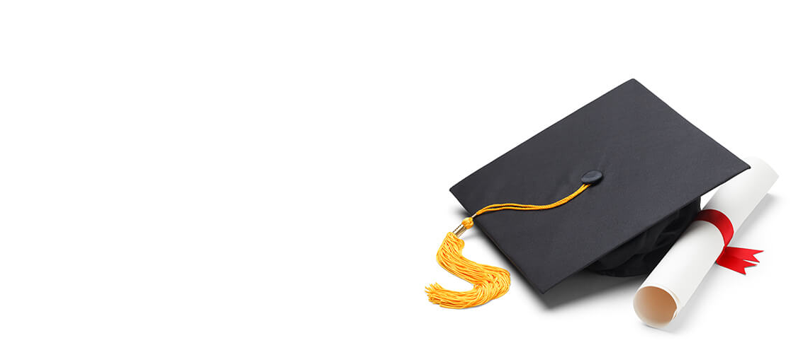 A graduation cap and diploma on a white background