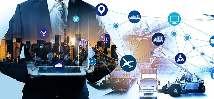 composition of a executive holding a laptop and some icons related to networking, marketing, business, and transportation