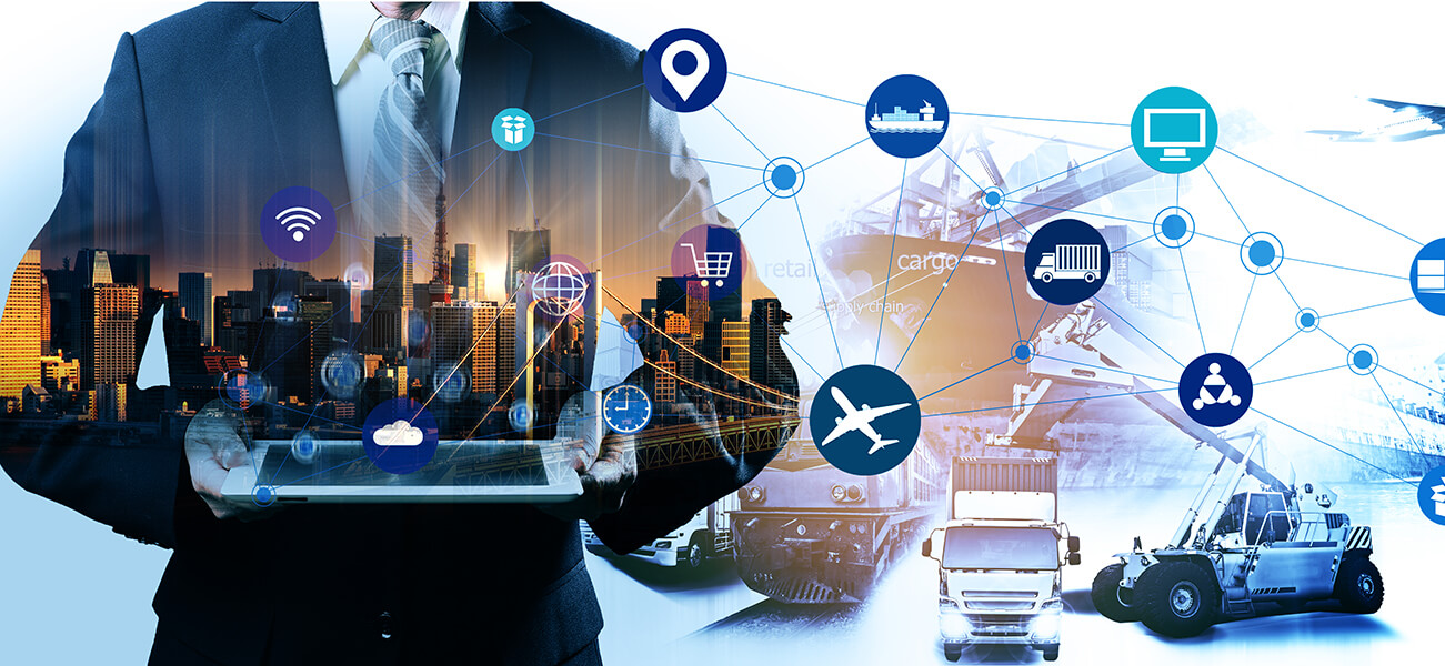 composition of a executive holding a laptop and some icons related to networking, marketing, business, and transportation