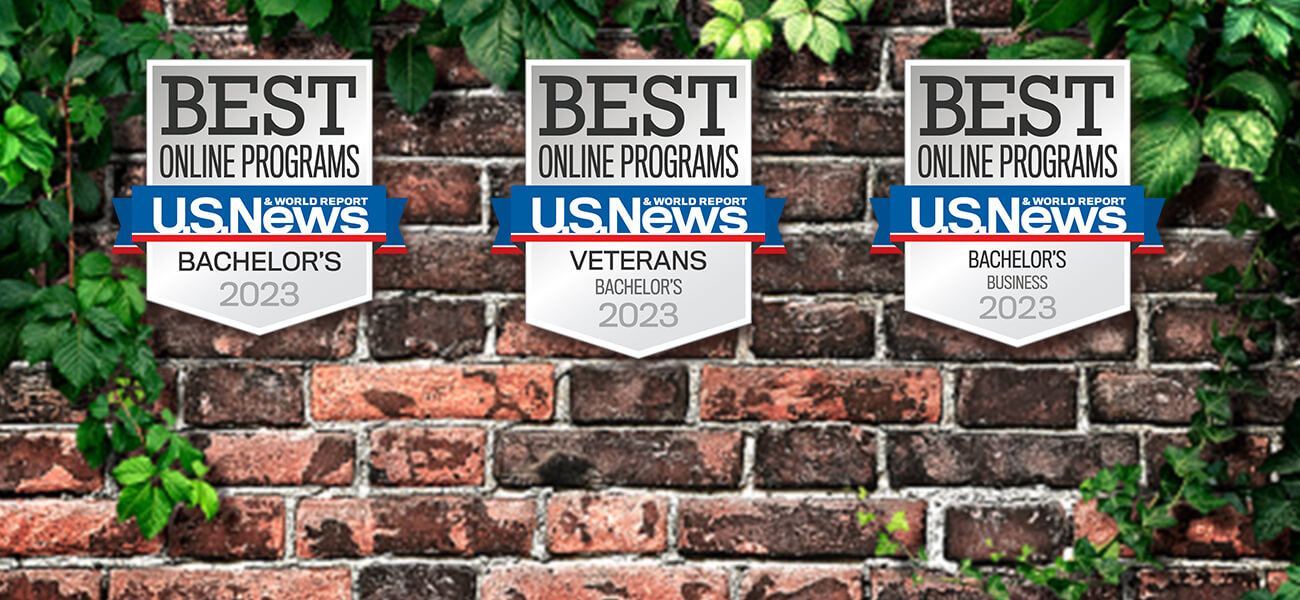 U.S. News world report badges Best online college for Bachelors, Veterans ad Bachelors business 2023