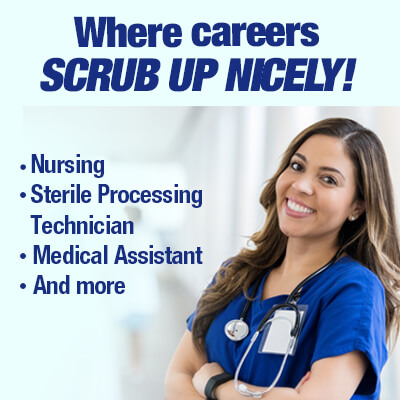 Image for mobile devices: A smiling woman in scrubs. The content reads as: Where careers scrub up nicely, Nursing, Sterile Processing Technician, Medical Assistant, and more