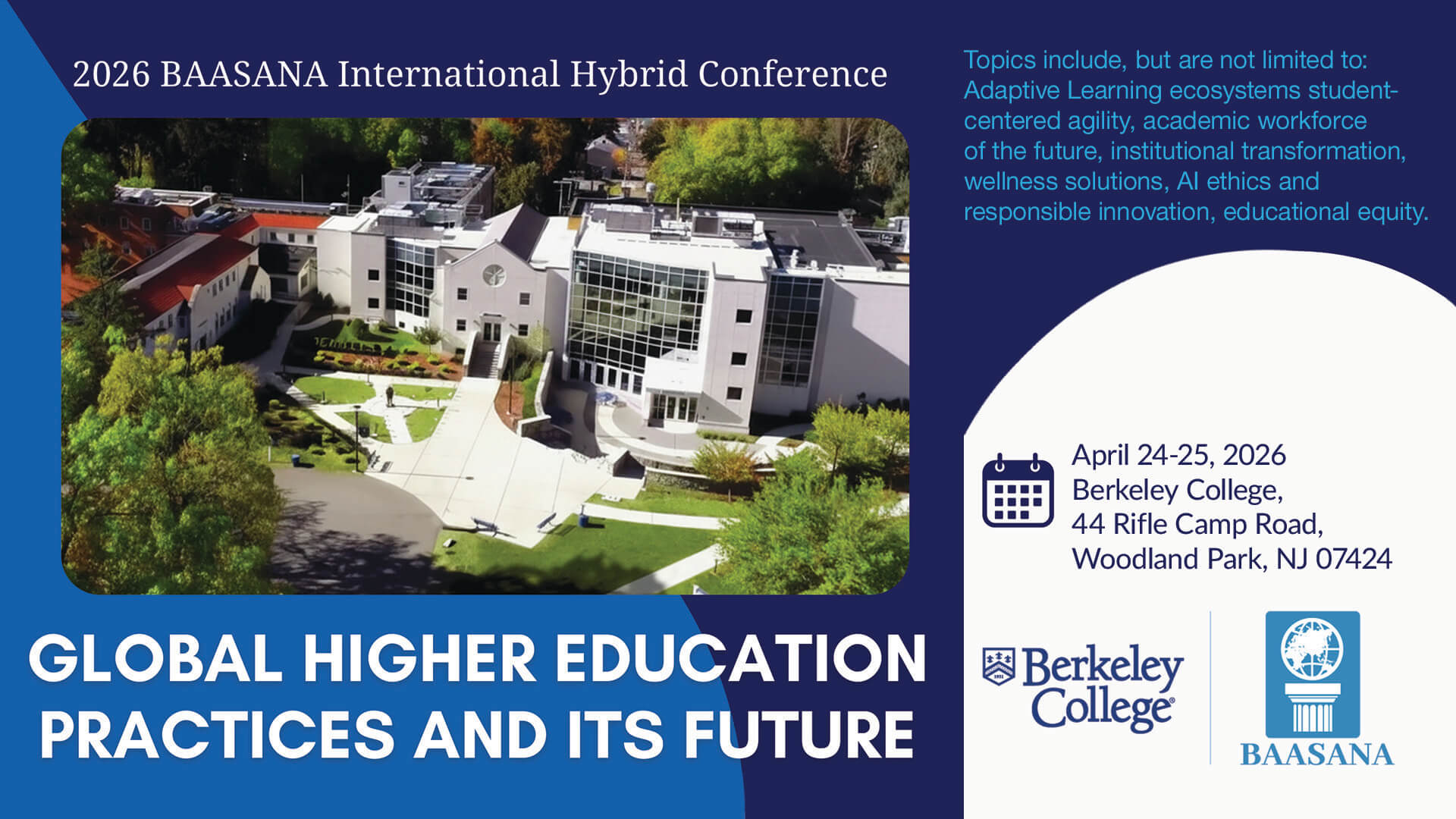 Aerial view of Berkeley College building with text about the 2026 BAASANA Hybrid Conference on global higher education, April 24-25, 2026.
