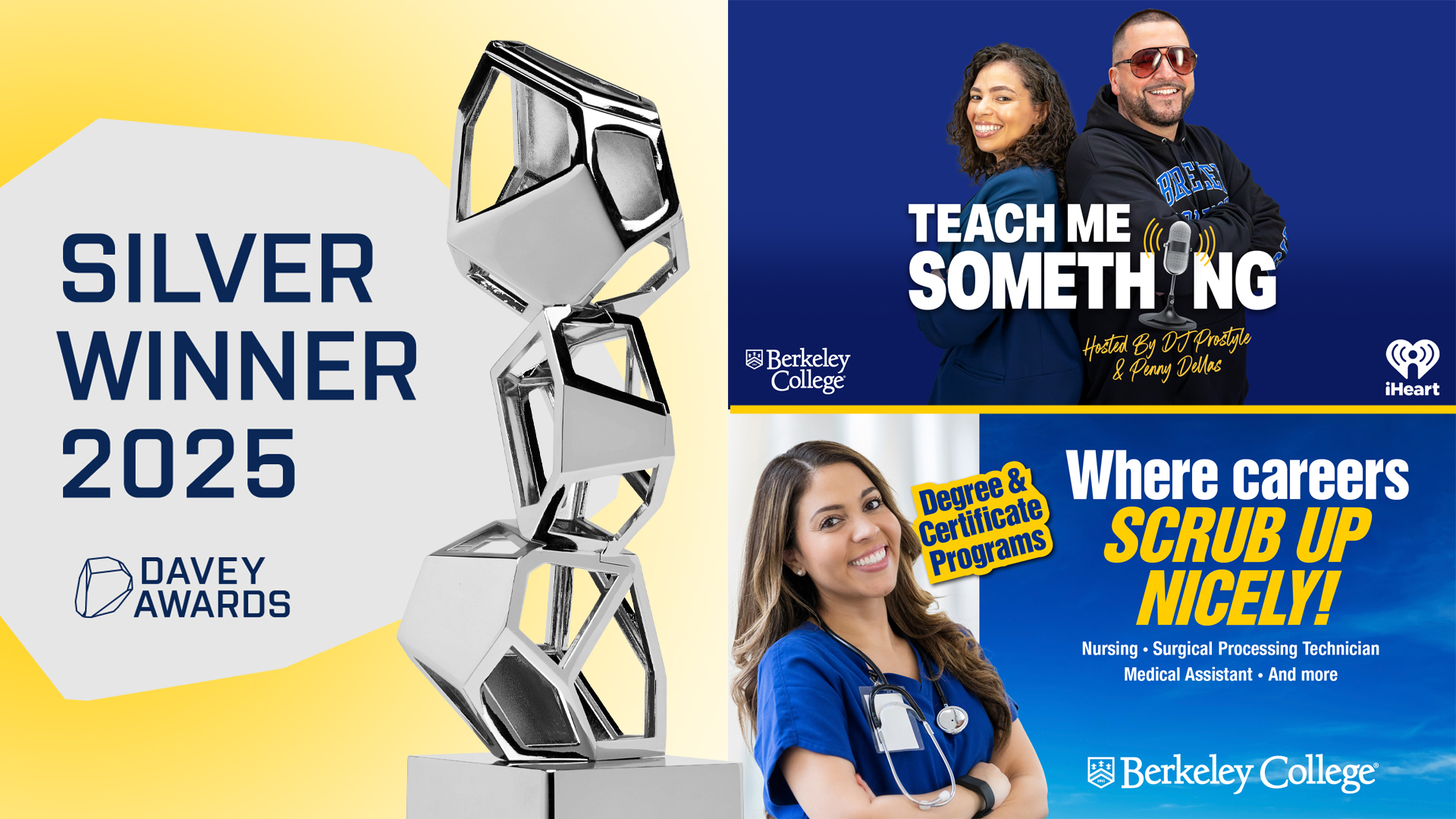 Left: A statue and text saying silver winner. Right Top: Two people back to back smiling and text saying Teach Me Something. Right bottom: A woman smiling and text saying where careers scrub up nicely