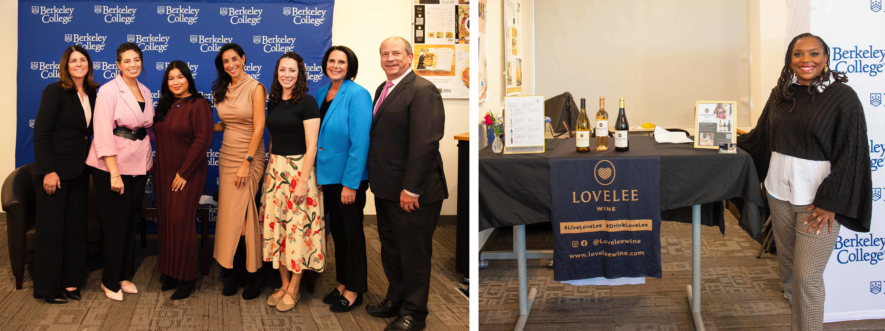 A group of men and women stand in front of a blue backdrop, a woman stands with bottles of wine