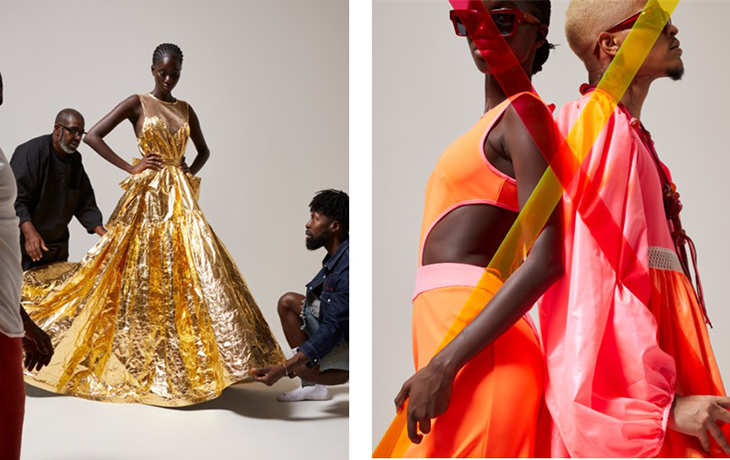 Left: A Black woman models an elegant gold dress. Right: Two diverse models wear bright colors for the camera.