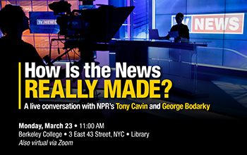 Image of a newsroom indicating time, date, and location of event.