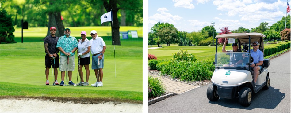 Left: A golf foursome smiles on the green; Right: Two golfer in a golf cart smile at the camera