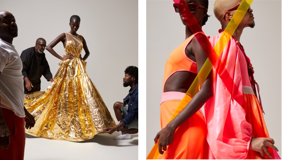 Left: An elegant Black woman models a gold gown. Right: Two diverse models wear bright colors back-to-back. Right:
