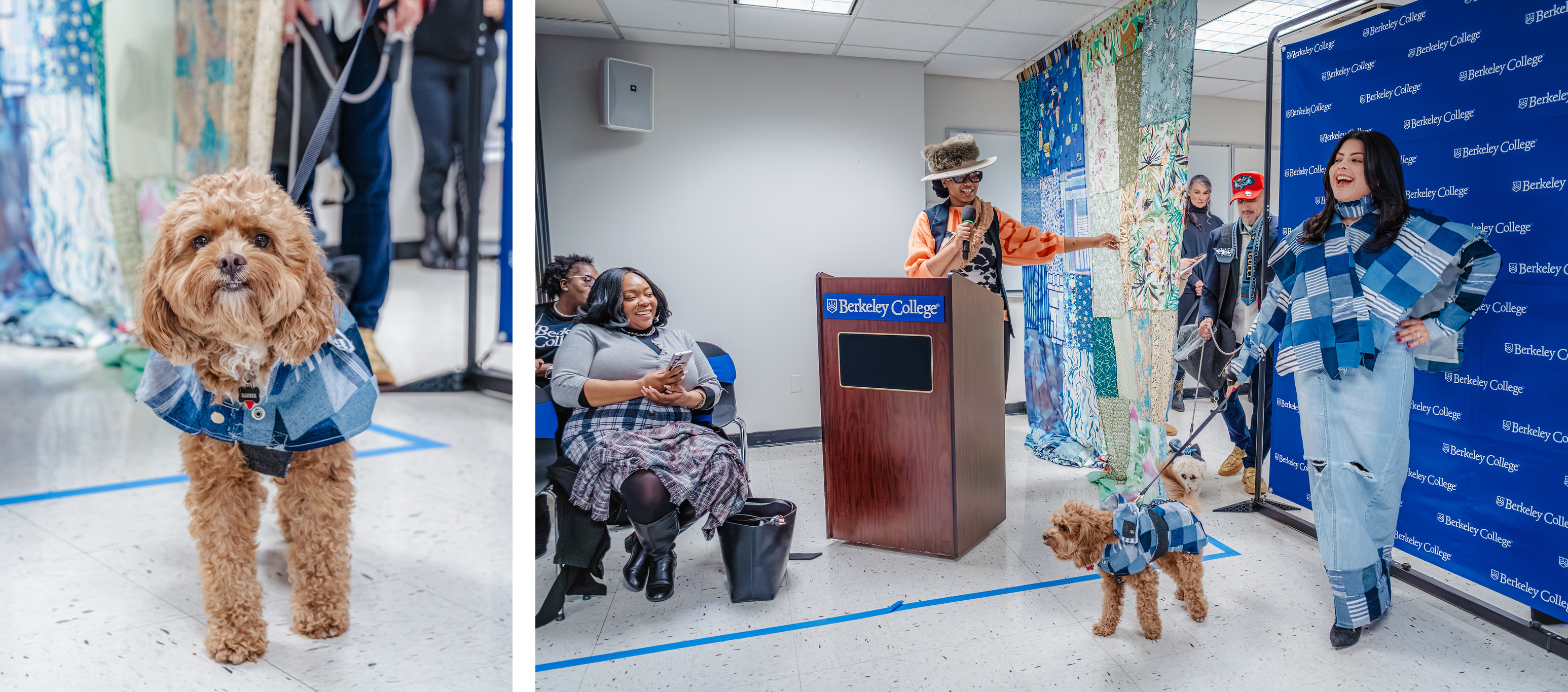 A student at a podium points to a model and a dog in matching outfits