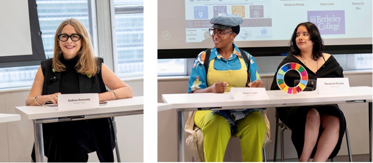 Left: A woman in a black outfit and glasses smiles at the camera. Right: Two young, diverse women sit at a table and engage in conversation.