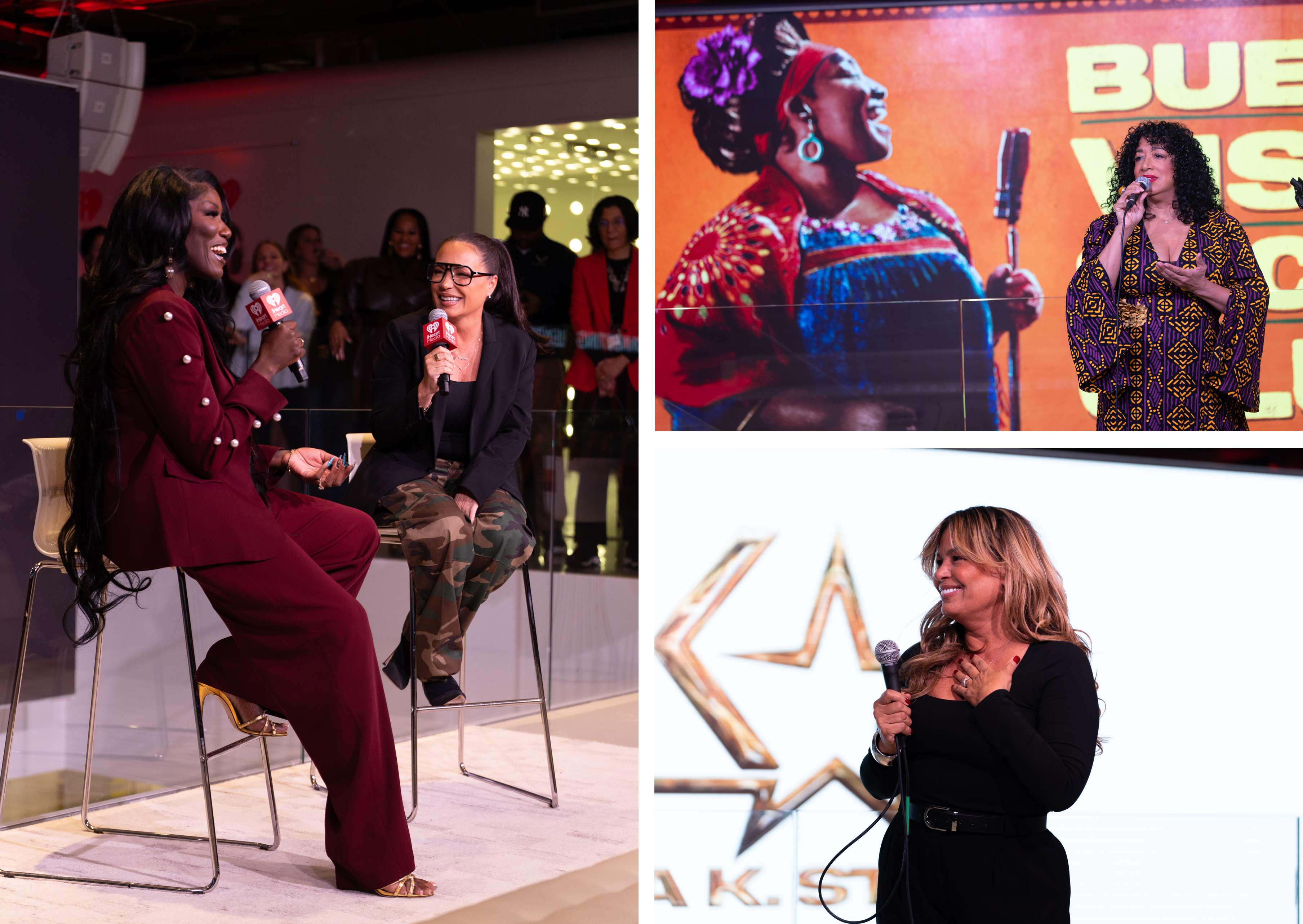 Two women speak, a woman sings, and a woman smiles