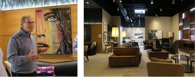 Left: A man in a blue sweater stands in front of a watercolor painting of a woman's face. Right: A showroom of high-end furniture, mainly couches and other seating.