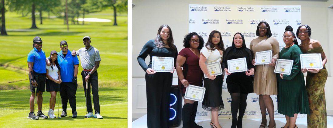 A group of golfers stands on a green course