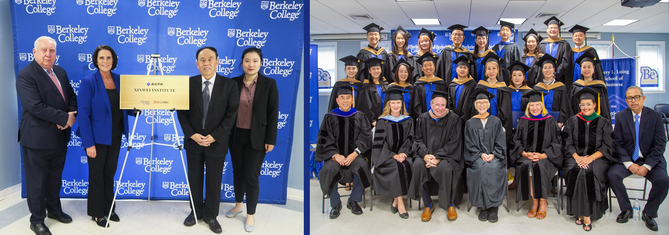 A group of men and women stand in front of a blue backdrop