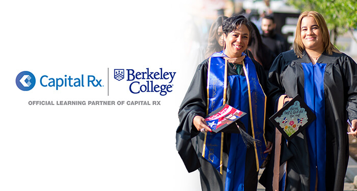 Logos of Capital RX and Berkeley College with 'Official Learning Partner of Capital RX.' Two women in graduation attire.