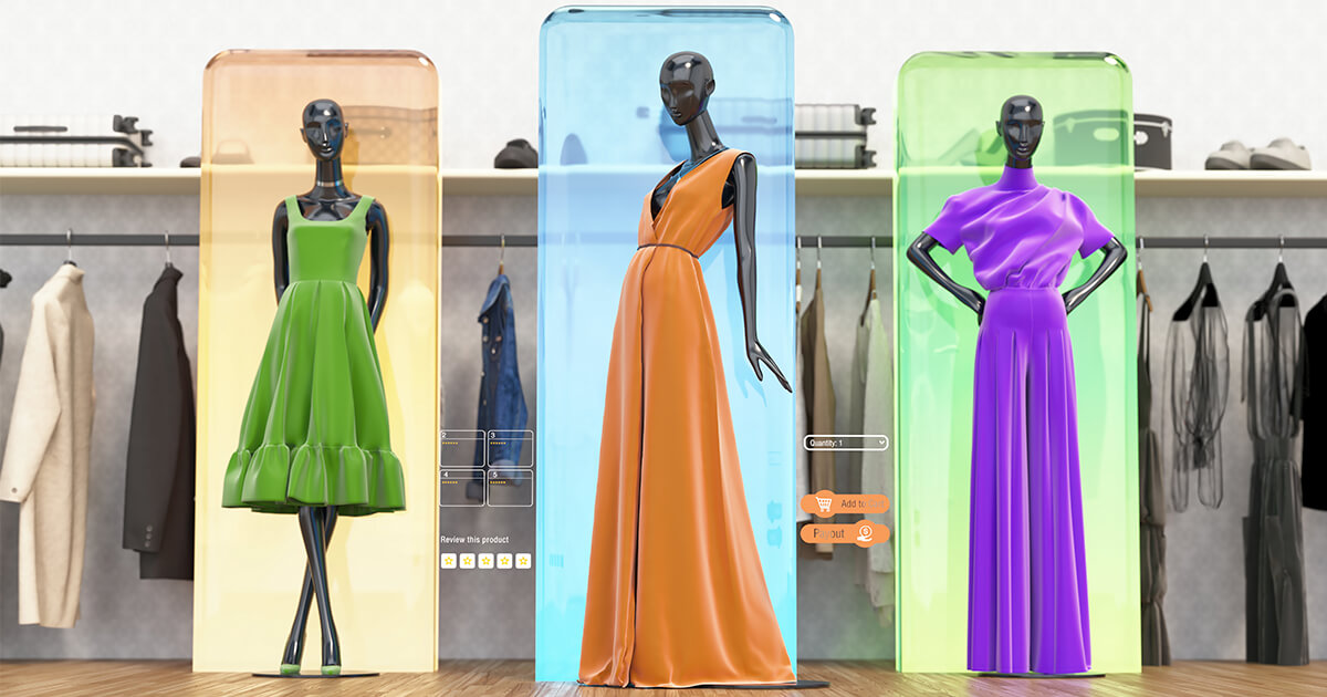 Three mannequins in colorful dresses are displayed in glass cases: a green dress, an orange gown, and a purple dress. A clothing rack is in the background
