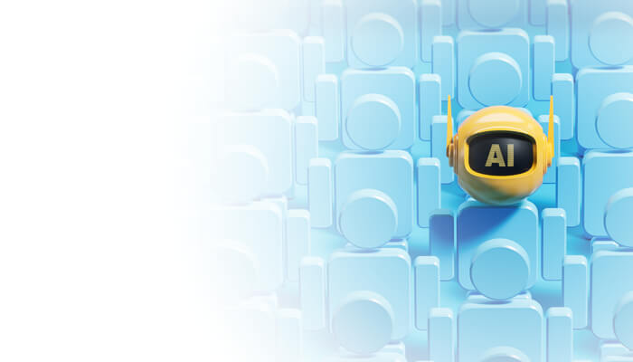 A yellow AI robot in the middle of a blue crowd, representing technology skills and career boot camp training.