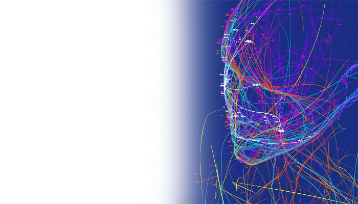 Abstract digital network of colorful glowing lines forms a side-profile face on a deep blue background, suggesting technology and connection.