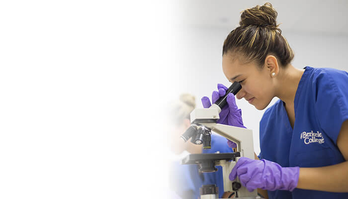 Berkeley College Health Studies student performing laboratory microscopy as part of healthcare career preparation.
