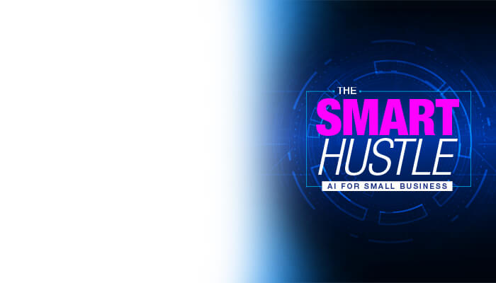 Dark blue digital background featuring the neon pink and white logo The Smart Hustle: AI for Small Business, conveying innovation