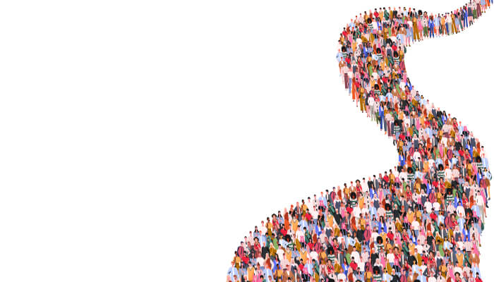 Illustration of a diverse crowd forming a colorful, winding path against a white background, conveying unity and movement.