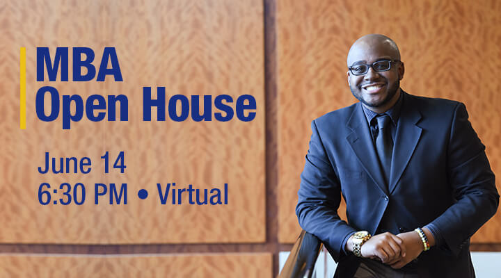 Image of a man in a suit. MBA open house June 14 at 6:30 PM, virtual