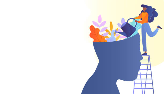 Illustration of a person watering plants growing from a head, representing mental health, wellness, and personal wellbeing.