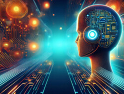 Futuristic robotic head profile set against a glowing digital circuit background, representing information technology