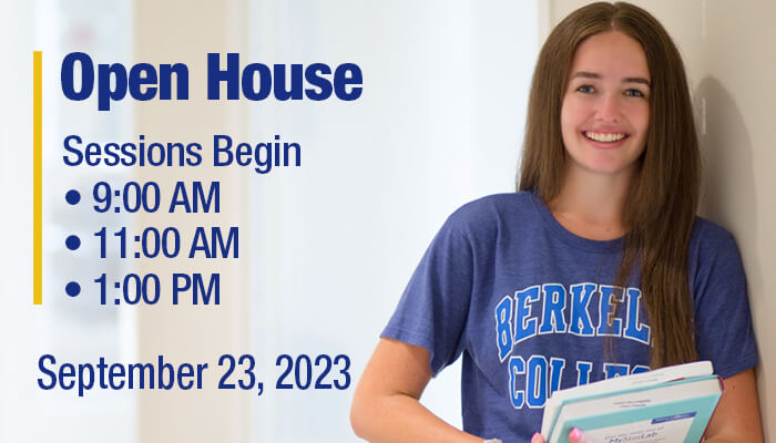 Berkeley college student smilling. Open house. November 23, 2023 Sessions begin: 9 AM, 11 AM and 1 PM
