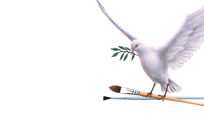 A white dove adorned with colorful paint and a brush, symbolizing creativity and peace in a vibrant artistic expression