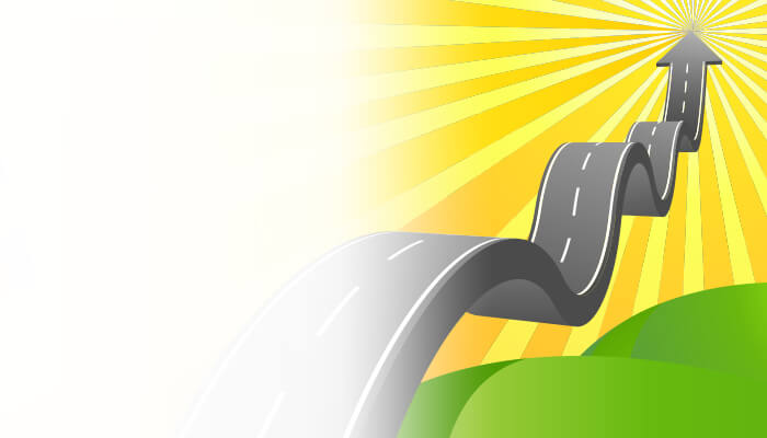 Winding road shaping into an upward-pointing arrow toward a bright sunburst, representing a student transfer pathway
