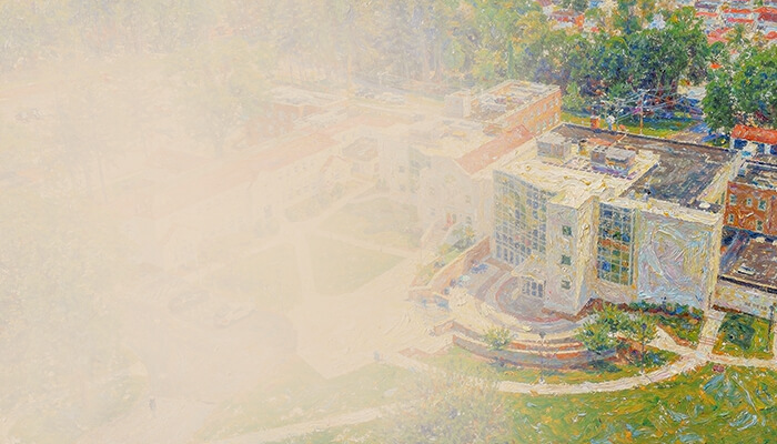 Impressionist aerial painting of modern Berkeley College campus buildings in Woodland Park NJ with lush trees and walkways.