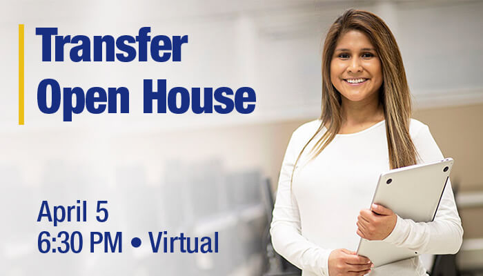 Student with laptop on her hands. Transfer open House, April 5 at 6:30 PM. Virtual