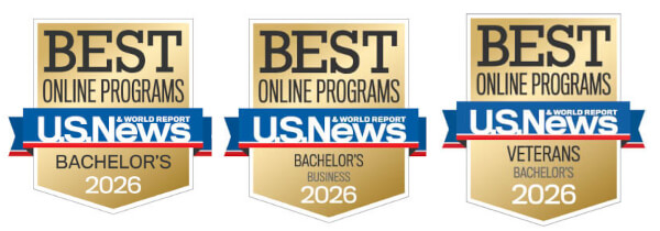 U.S. news and word report badges for best Online programs for Bachelors, Bachelors Business and Veterans bachelors