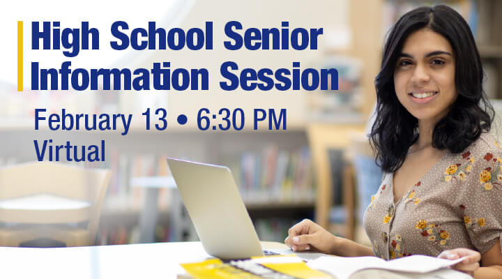 girl with a laptop in a library. Virtual information session for high school seniors. February 13 2023 at 6:30 PM - virtual