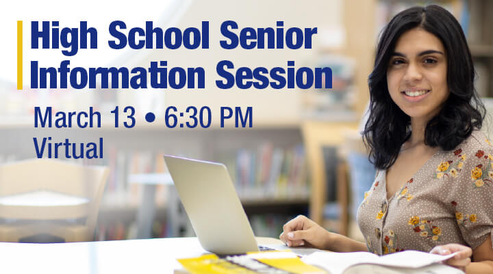 girl with a laptop in a library. Virtual information session for high school seniors. March 13 2023 at 6:30 PM - virtual