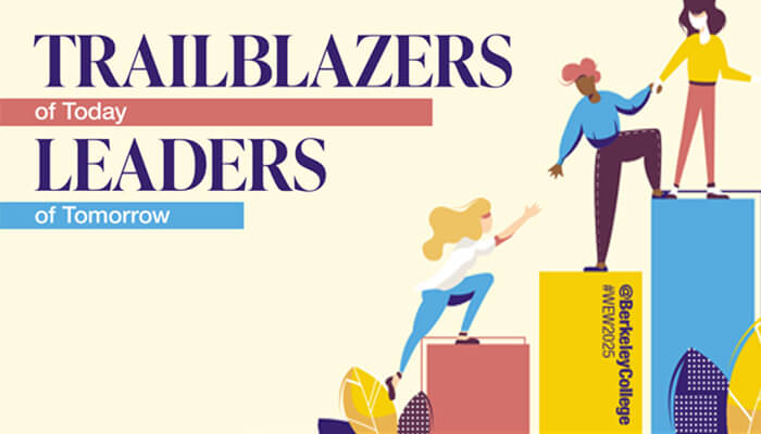 Illustration of diverse women climbing colorful blocks, with text: "Trailblazers of Today, Leaders of Tomorrow" and social media handle: @berkeleycollege #wew2025