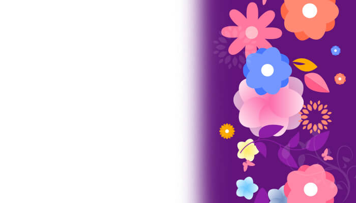 Purple background with floral graphics, featuring bold text: Women's History Month Celebration. Vibrant and celebratory tone