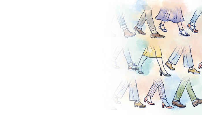 Illustration of multiple people walking, showing only their legs and feet in various types of clothing and shoes, on a light colorful background.