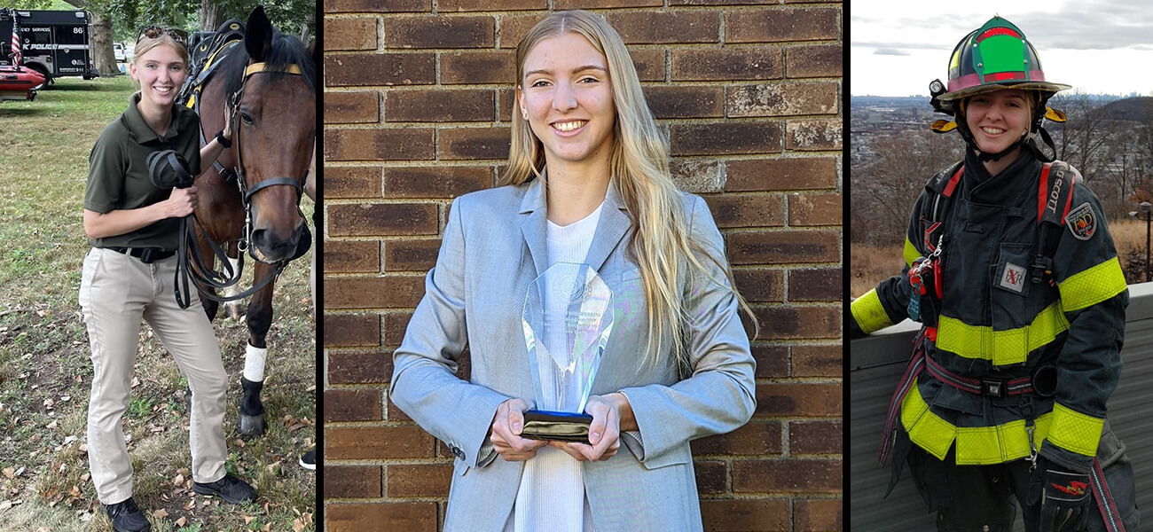 Three images of Lindsay. From left to right, first image is beside a brown horse, the second image Lyndsay is holding an award in her hand, and the third image is dressed in uniform as a firefighter. her one by a laptop and th