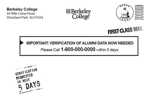 sample of a Berkeley College postcard comunication