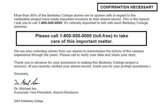 sample of a Berkeley College postcard communication confirmation