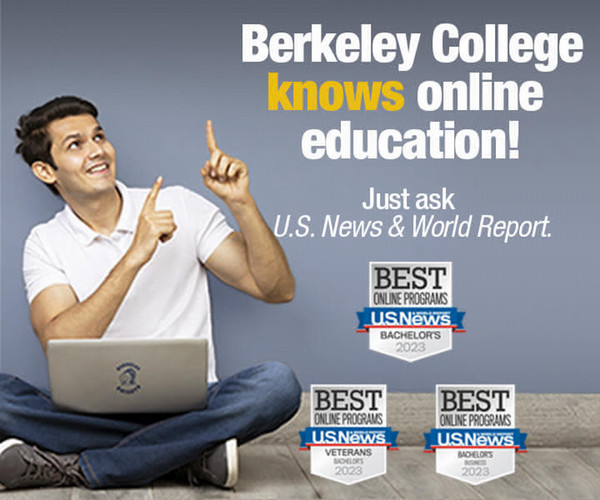Berkeley College knows online Education. Just ask U.S. News and World report. A guy sitting on the floor with a laptop pointing hands upward: USNWR badges for Best Online Programs for Bachelors, Veterans and Bachelor's business 2023 mobile version
