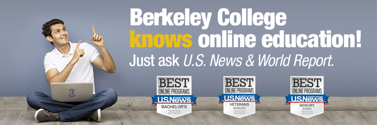 Berkeley College knows online Education. Just ask U.S. News and World report. A guy sitting on the floor with a laptop pointing hands upward: USNWR badges for Best Online Programs for Bachelors, Veterans and Bachelor's business 2023