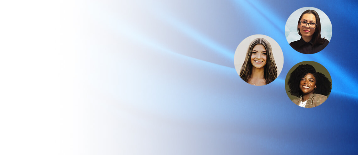 Three circular profiles of individuals against a soft blue gradient background, showcasing diversity in hairstyles and attire.