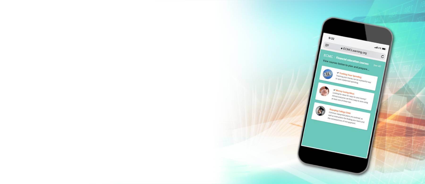 Smartphone displaying ECMC Learning platform for financial literacy at Berkeley College
