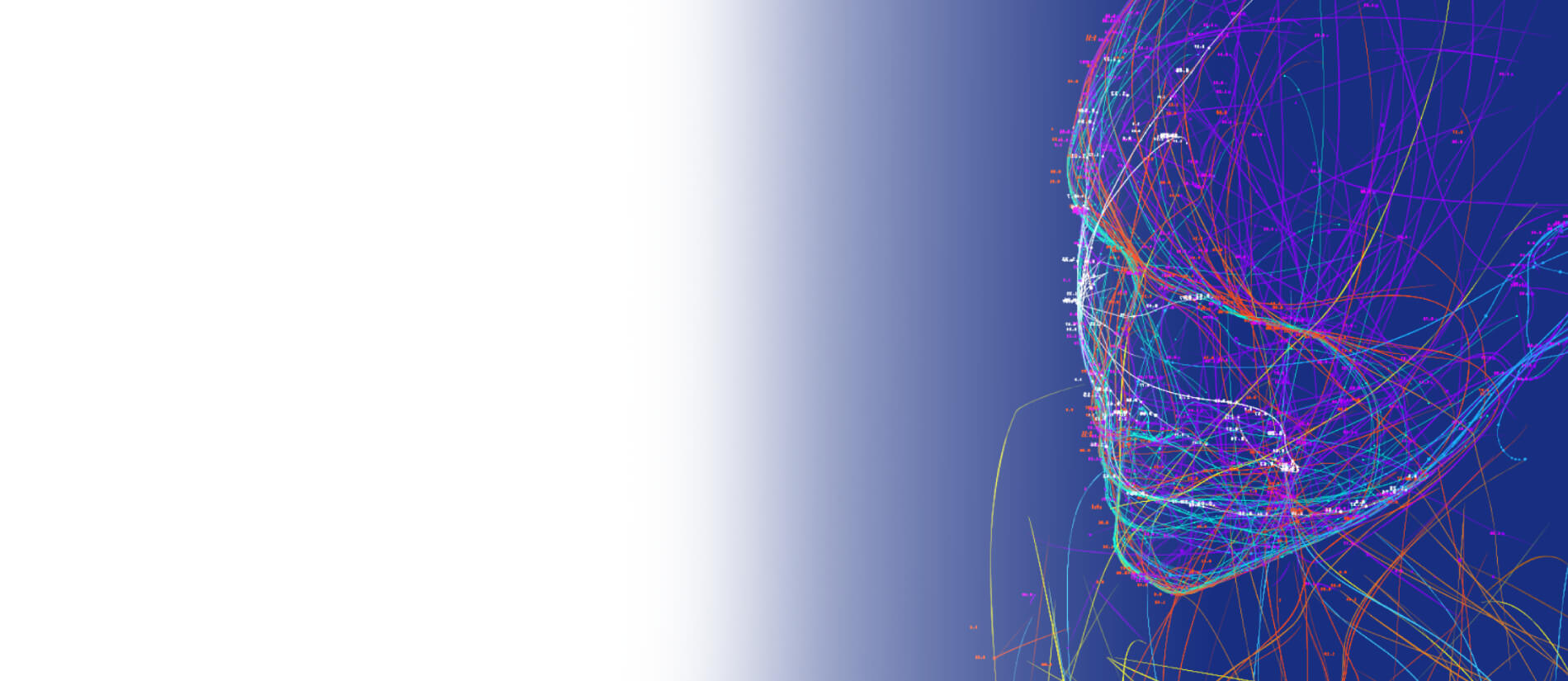 Abstract digital network of colorful glowing lines forms a side-profile face on a deep blue background, suggesting technology and connection.