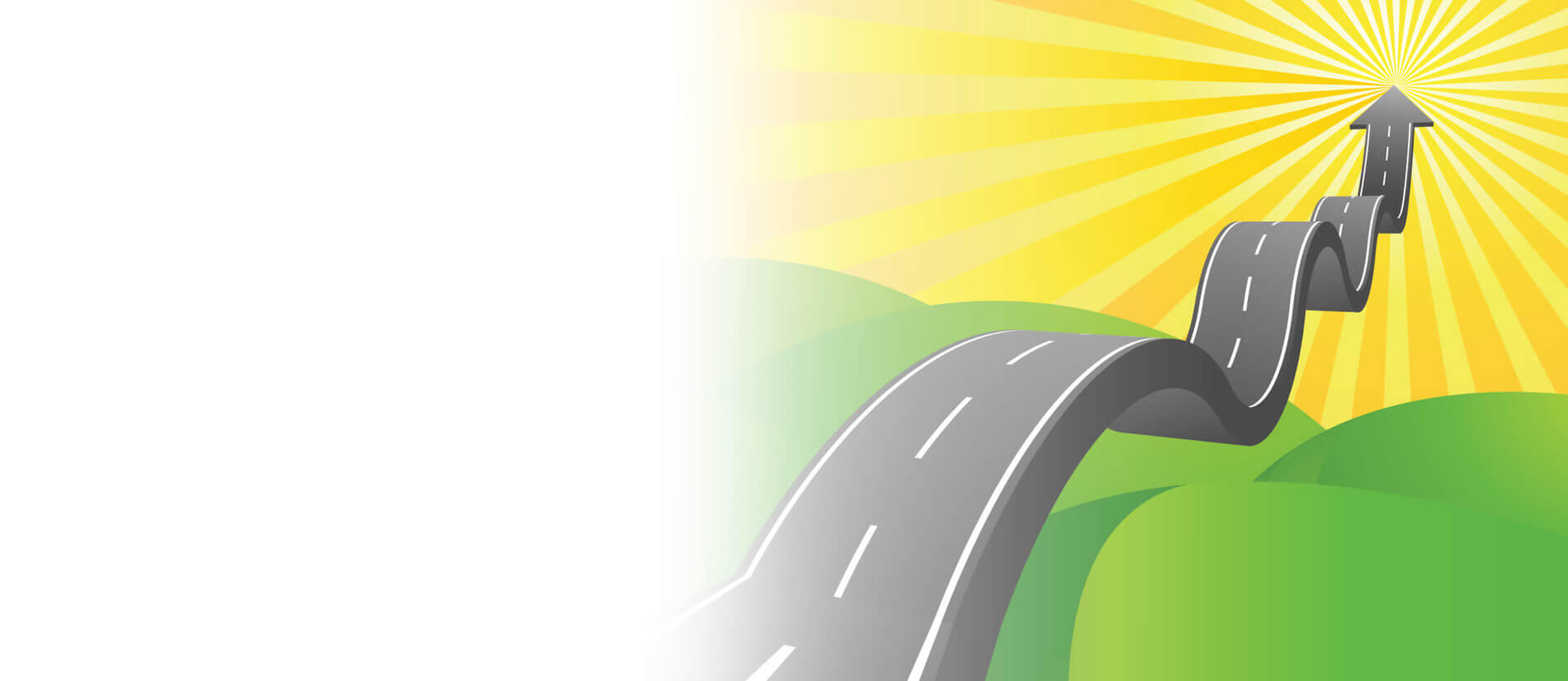 Winding road shaping into an upward-pointing arrow toward a bright sunburst, representing a student transfer pathway