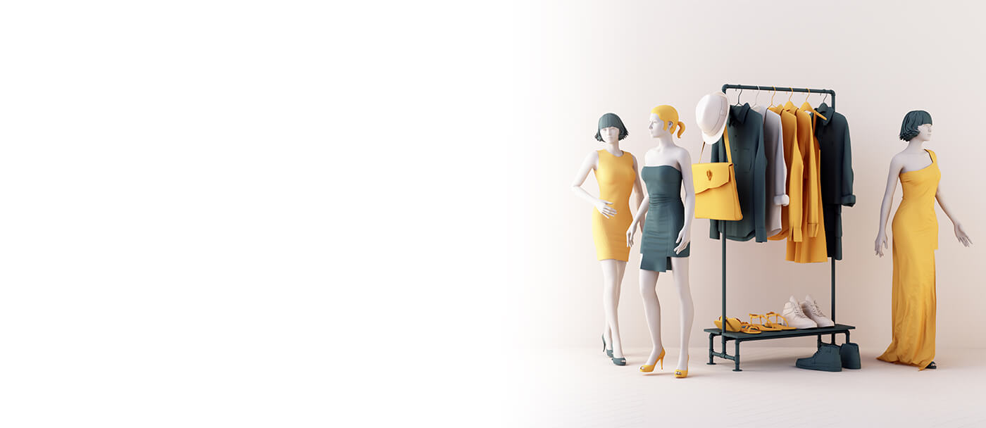 Two stylish mannequins in vibrant outfits stand next to a rack of fashion clothing and accessories in a minimalist setting.