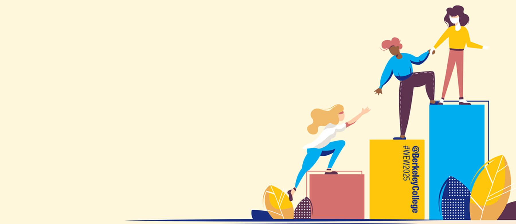 Illustration of diverse women climbing colorful blocks, Trailblazers of Today Leaders of Tomorrow